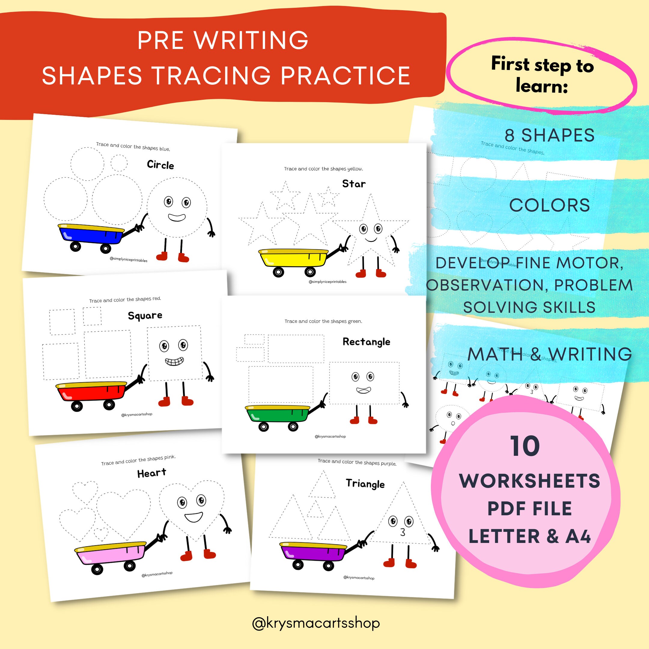 shapes color tracing worksheets printable kids prewriting etsy