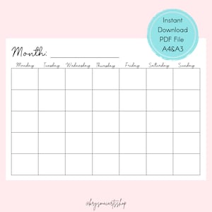 Blank Calendar Monday Start, Horizontal Printable, Instant Download, Digital Download
