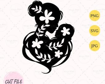 母と子のシルエットハートと葉 svg、png、jpeg カットファイル