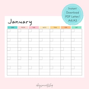 Monthly Blank Calendar Sunday Start, Horizontal Printable Calendar Pages, Printable Monthly Calendar