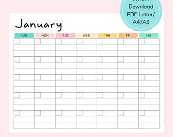 Calendario mensual en blanco Inicio del domingo, páginas de calendario imprimibles horizontales, calendario mensual imprimible