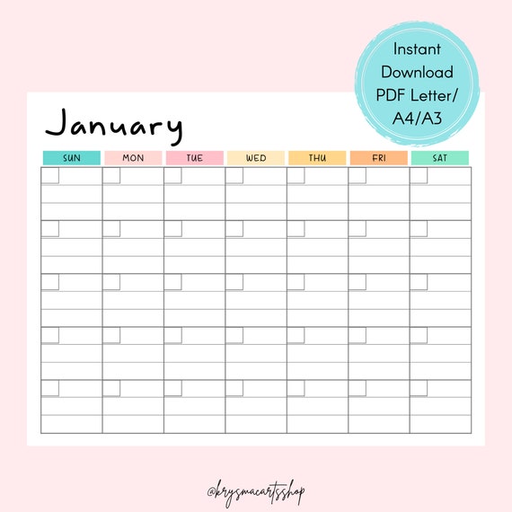 Monthly Blank Calendar Sunday Start, Horizontal Printable Calendar Pages, Printable  Monthly Calendar - Etsy