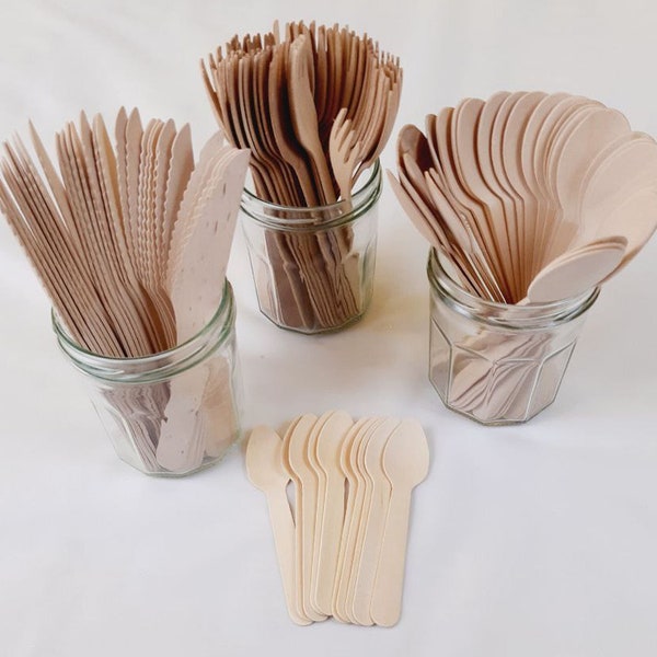 Recyclable / Compostable WOOD CUTLERY Use As An Alternative To Plastic Cutlery For Parties, BBQ, Picnic Etc. Knife, Fork, Spoon, Teaspoon