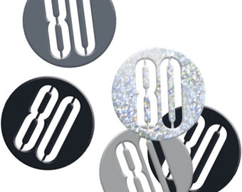 Confettis noir et argent Bling 80e anniversaire - Confettis en forme de disque pour tables, sacs cadeaux, invitations, etc.