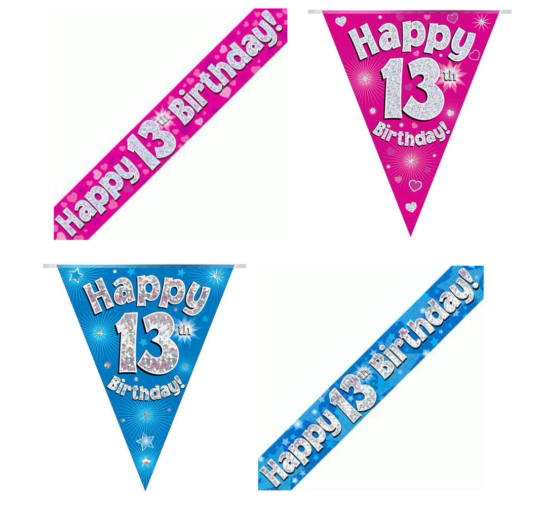 Happy 13th Birthday Banners and Bunting in Bling Pink or Bling Blue ...