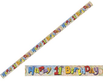 Happy 11th Birthday Party Decor Holographic Foil Celebration Banner Age 11 Blue Happy 11th Birthday Party Decor Holographic Foil Celebration Banner Age 11 Blue