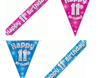 Happy 11th Birthday Banners And Bunting In Bling Pink Or Bling Blue - Perfect For The Special Birthday Boy Or Girl