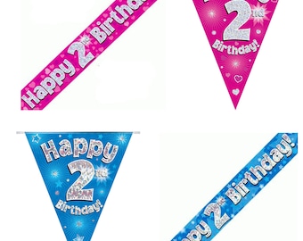 Happy 2nd Birthday Banners And Bunting In Bling Pink Or Bling Blue - Perfect For The Special Birthday Boy Or Girl