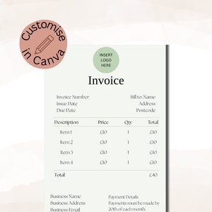 以下が含まれることがあります： 右上に「ロゴを挿入」と書かれた緑色の円があるシンプルな請求書テンプレートです。請求書には、請求書番号、発行日、支払期限、説明、価格、数量、合計、会社名、会社住所、会社メールアドレス、支払い詳細、および支払いは毎月20日までに済ませてくださいというメモがあります。