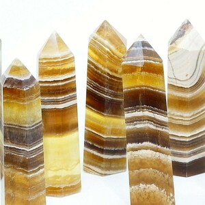 May include: Six yellow and brown banded calcite crystal points. The points are all different sizes and shapes, but they all have a similar banded pattern.