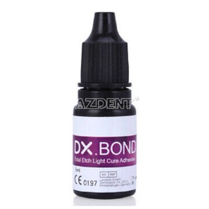 May include: A 5 ml bottle of DX.BOND Total Etch Light Cure Adhesive. The bottle is black with white text and a black cap. The bottle is labeled with CE 0197.