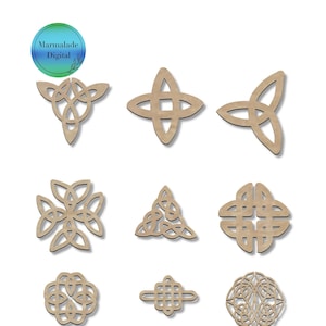 May include: Twelve different Celtic knot designs in a light brown color. The knots are in various shapes, including circles, squares, triangles, and stars.