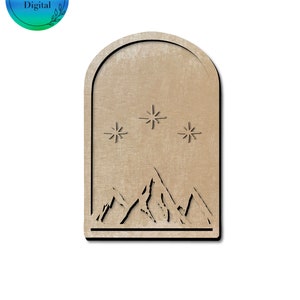 May include: A wooden cutout of a mountain range with three stars above it. The cutout is in the shape of an arch and has a brown wood grain finish.