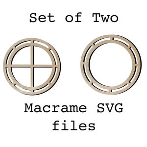 Könnte beinhalten: Set aus zwei Holz-Makramee-Ringen als SVG-Dateien. Ein Ring hat ein Kreuzdesign, der andere ist schlicht.