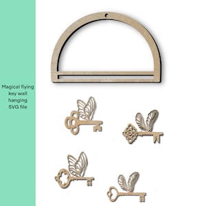 Magical flying key wall hanging kit SVG files, Handdrawn magical winged antique key SVG digital download file, glowforge ready