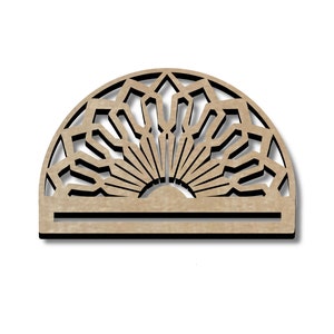 May include: A wooden wall decor in the shape of a half circle with a geometric design. The design is made up of repeating shapes that resemble a sunburst.