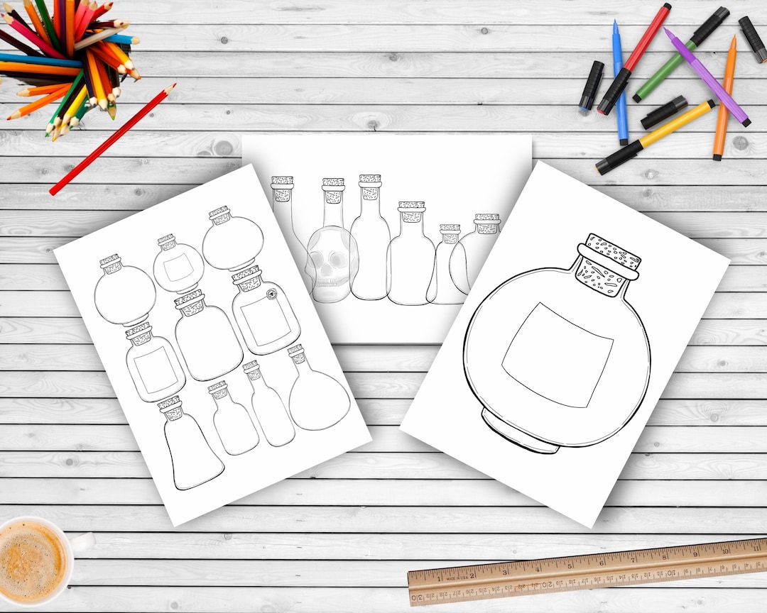 Hand Potion Bottle Colouring Pages, Set of 3, Printable Colouring Pages ...