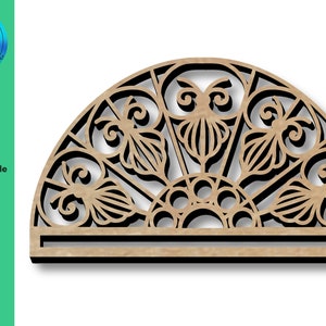 May include: A half-circle wooden wall decor with a black metalwork design. The design features intricate floral patterns and a circular motif in the center.