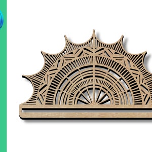 May include: A wooden cutout of a half circle sun with a geometric pattern. The sun has a flat base and is designed for hanging.