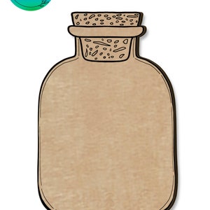 May include: A brown glass bottle with a cork top. The bottle has a textured surface and is outlined in black.