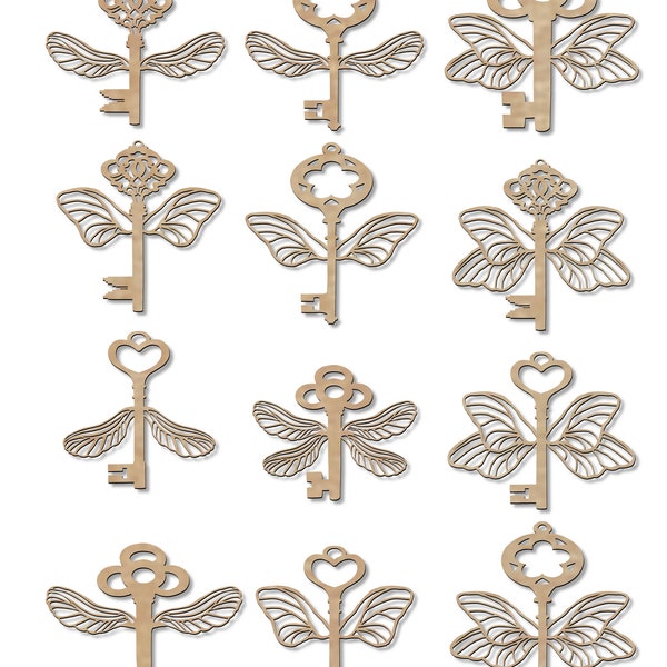 Handdrawn magical flying winged antique key SVG digital download file, glowforge cutting and engraving files