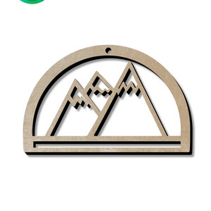 May include: Wooden cutout of a mountain range with a half-circle frame. The cutout is a light brown color with a black outline.