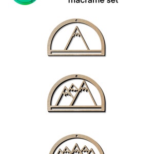 May include: Set of three wooden half circle macrame hangers with mountain designs. The hangers are unfinished and ready to be painted or stained.