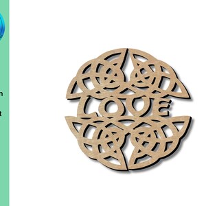 May include: A brown wooden cutout of a Celtic knot design with the word "LOVE" in the centre. The design is intricate and detailed, with lots of curves and swirls.