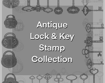May include: A collection of antique lock and key stamps. The stamps are black and white and feature intricate designs. The text "Antique Lock & Key Stamp Collection" is written in the center of the image.