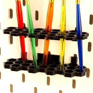 Brush Tray for Ikea Skadis Pegboard for 22 Brushes or Pens - Attachment with Hooks - Various Colors