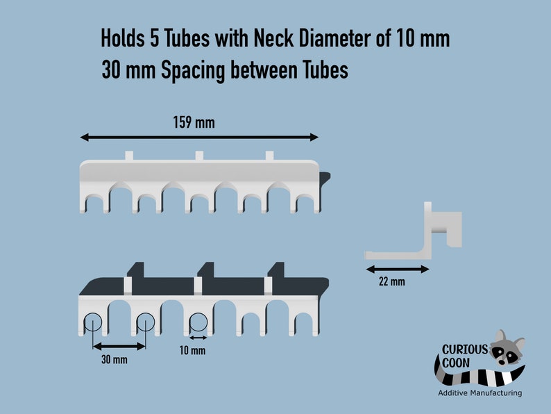 May include: A white plastic tube holder with five slots for tubes with a neck diameter of 10 mm. The holder is 15.9 cm long and has 3 cm spacing between each slot. The holder is designed to hold tubes with a neck diameter of 10 mm.