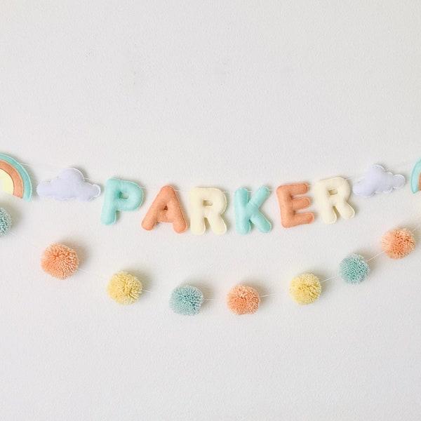 Custom Name Banner, Custom Name Garland, Rainbow and Clouds Name Banner, Felt Baby Name Banner, Nursery Decor, Newborn Gift, Baby Shower