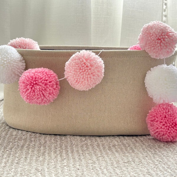 Pink Yarn Pom Pom Garland, Pink Pom Poms Nursery Decor, Baby Girl Room Decor, Baby Shower Decor