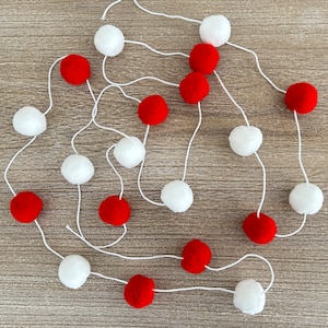 Red and White Pom Pom Garland, Christmas Felt Ball Garland, Holiday Pom Pom decor,