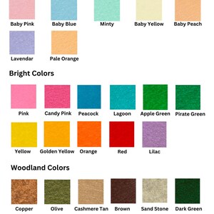 Color chart showing available felt colors for personalized name banner grouped into three categories, paster colors, bright colors, and woodland colors.