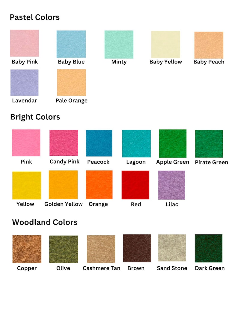 Color chart showing available felt colors for personalized name banner grouped into three categories, paster colors, bright colors, and woodland colors.