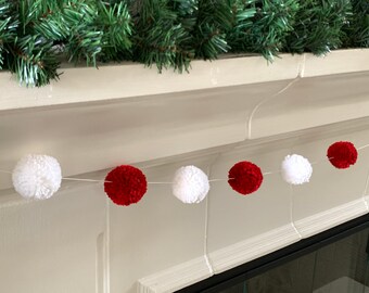 Red and White Yarn Pom Pom Christmas Garland: Holiday Mantel Decor