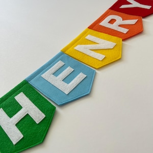 Felt Name Bunting with Custom Text, Personalized Name Banner for Baby Nursery and Kids Room, Rainbow Custom Color Name Bunting Banner