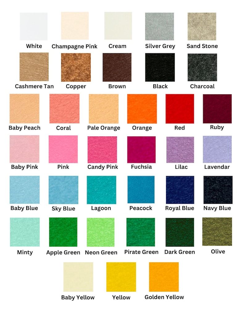 Color chart showing available felt colors for personalized name banner
