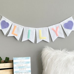 Pastel Felt Name Banner with Hearts, Baby Name Bunting, Custom Name Banner for Nursery Decor, Kids Room Decor Garland, Baby Shower Decor