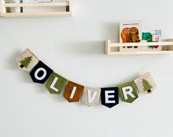 Banderín personalizado con nombre de bebé de Woodland: decoración personalizada para guardería, banderines con nombre de Woodland, regalo para baby shower, decoración de habitación de bebé