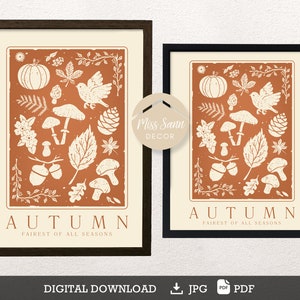Autumn poster, Pumpkin mushroom poster, Rust brown decor, fall poster, linolcut autumn, neutral fall decor DIGITAL DOWNLOAD image 4