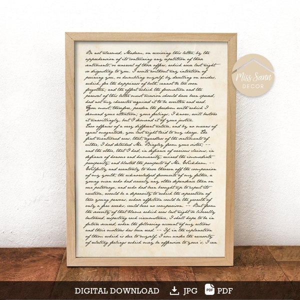 Mr Darcys Brief an Elizabeth, Stolz und Vorurteil, Jane Austen Poster, Jane Austen Wandkunst, Jane Austen Liebhaber Geschenk DIGITAL DOWNLOAD