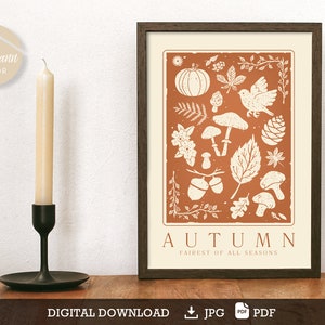 Autumn poster, Pumpkin mushroom poster, Rust brown decor, fall poster, linolcut autumn, neutral fall decor DIGITAL DOWNLOAD image 2