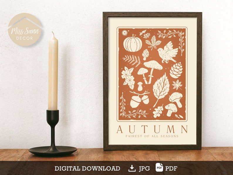 Autumn poster, Pumpkin mushroom poster, Rust brown decor, fall poster, linolcut autumn, neutral fall decor DIGITAL DOWNLOAD image 2