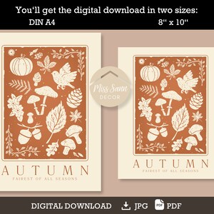 Autumn poster, Pumpkin mushroom poster, Rust brown decor, fall poster, linolcut autumn, neutral fall decor DIGITAL DOWNLOAD image 3