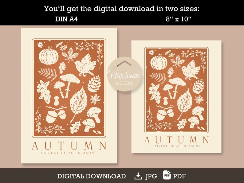 Autumn poster, Pumpkin mushroom poster, Rust brown decor, fall poster, linolcut autumn, neutral fall decor DIGITAL DOWNLOAD image 3