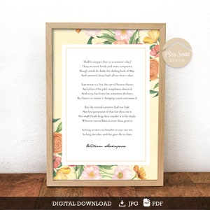 Shakespeare poster, Shall I compare thee to a summer's day, William Shakespeare, Shakespeare wall art DIGITAL DOWNLOAD