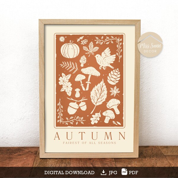 Poster autunnale, poster di funghi zucca, arredamento marrone ruggine, poster autunnale, autunno in linolcut, arredamento autunnale neutro DOWNLOAD DIGITALE