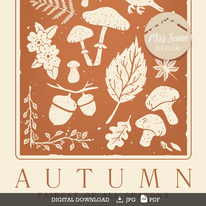 Autumn poster, Pumpkin mushroom poster, Rust brown decor, fall poster, linolcut autumn, neutral fall decor DIGITAL DOWNLOAD image 5